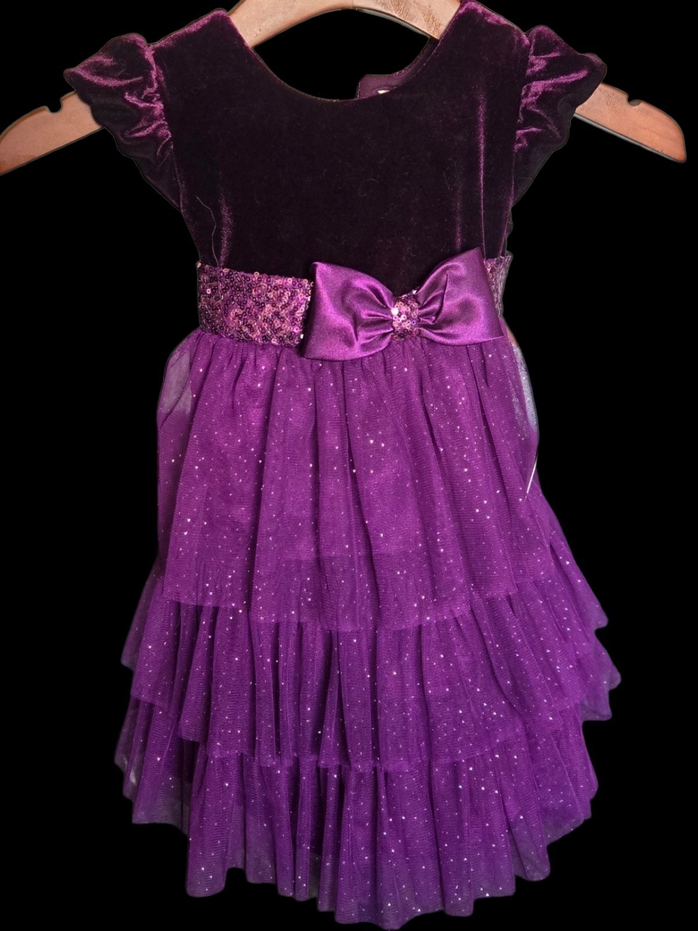Jona Michelle Purple Velvet & Glitter Tulle Bow Dress